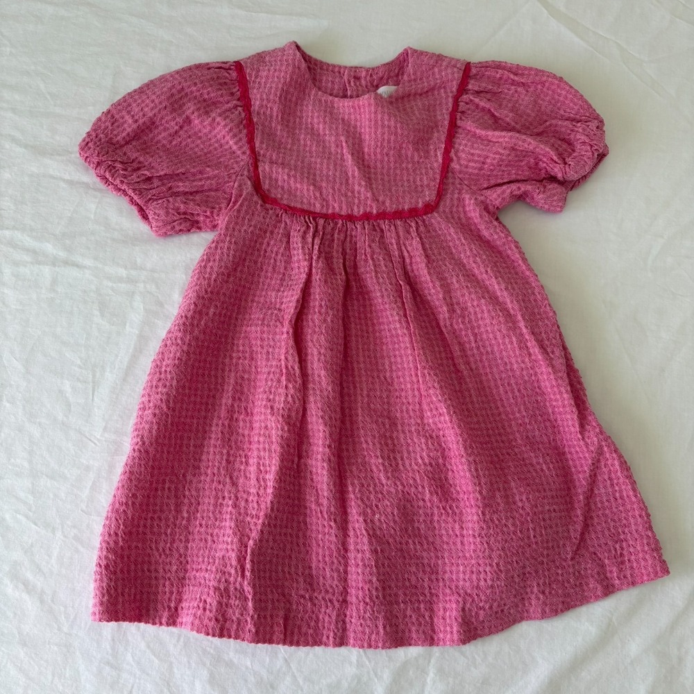Zara Girls Pink Puff Sleeve Classic Textured Cottagecore Dress Size 3-4 Year
